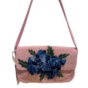 Handcrafted in India Pink Beaded bag with blue Floral design